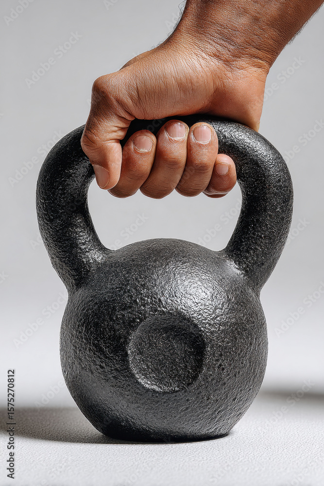 Fototapeta premium Close-up of hand holding heavy black kettlebell on gray background. Concept of fitness, strength training, gym workout and physical exercise