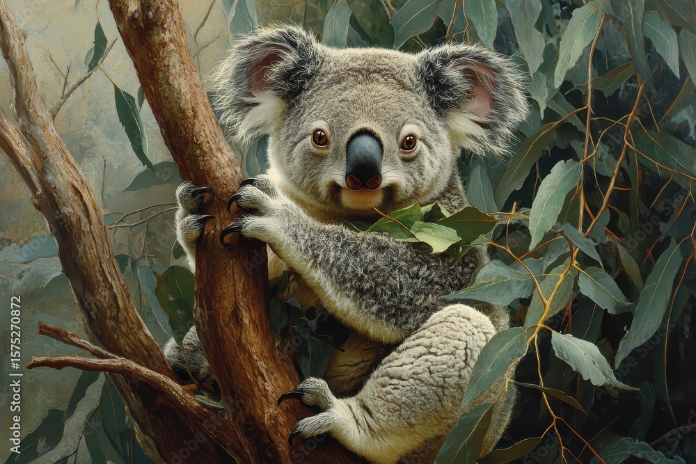 Obraz premium Koala bears foraging on eucalyptus leaves in the Australian wilderness during daylight hours, Australia wildlife Koala bears eating tree leaves