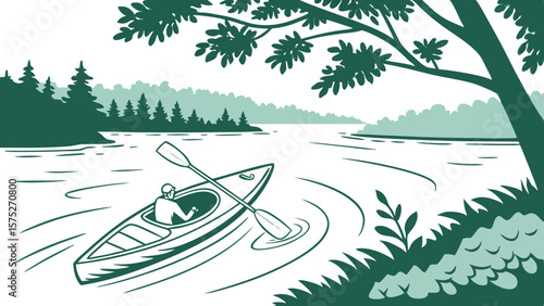 Illustration of a person kayaking on a lake surrounded by trees and foliage in a monochrome color scheme