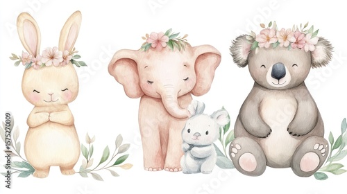 Three adorable watercolor baby animals with flower crowns, surrounded by foliage