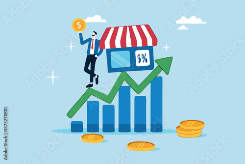 Success small business, entrepreneur growing retail store, marketing growth, business owner or sale and merchandise concept, businessman entrepreneur business owner on growing graph and chart.