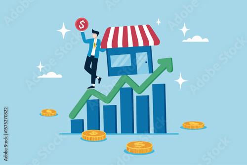 Success small business, entrepreneur growing retail store, marketing growth, business owner or sale and merchandise concept, businessman entrepreneur business owner on growing graph and chart.