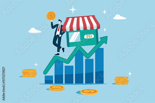 Success small business, entrepreneur growing retail store, marketing growth, business owner or sale and merchandise concept, businessman entrepreneur business owner on growing graph and chart.