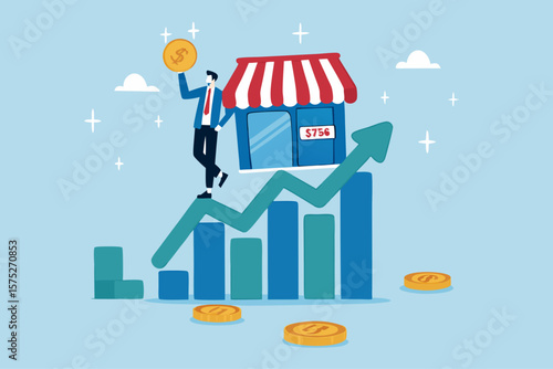 Success small business, entrepreneur growing retail store, marketing growth, business owner or sale and merchandise concept, businessman entrepreneur business owner on growing graph and chart.