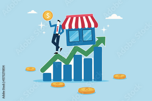 Success small business, entrepreneur growing retail store, marketing growth, business owner or sale and merchandise concept, businessman entrepreneur business owner on growing graph and chart.