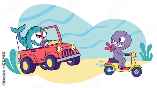 Cartoon image of a shark driving a red car and a purple monster riding a scooter on a sandy beach scene