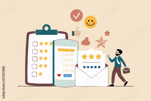 Customer survey, feedback to improve service, online and offline survey, review or poll rating, user satisfaction report or questionnaire concept, man with survey on clipboard paper, mobile and email.