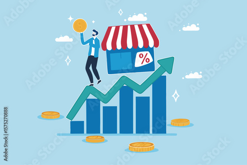 Success small business, entrepreneur growing retail store, marketing growth, business owner or sale and merchandise concept, businessman entrepreneur business owner on growing graph and chart.