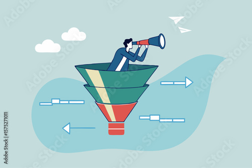 Marketing funnel sales prospect discovery, lead generation or Martech and analytics optimization, insight or customer data, conversion rate concept, businessman look binoculars in marketing funnel.