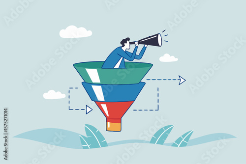 Marketing funnel sales prospect discovery, lead generation or Martech and analytics optimization, insight or customer data, conversion rate concept, businessman look binoculars in marketing funnel.