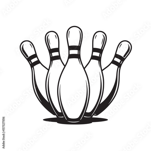 Graphic illustration depicting a group of bowling pins in a stylized black and white design.