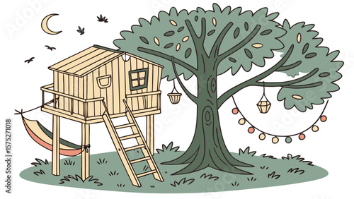 Illustration of a treehouse with a ladder, hammock, and string lights under a crescent moon at night time