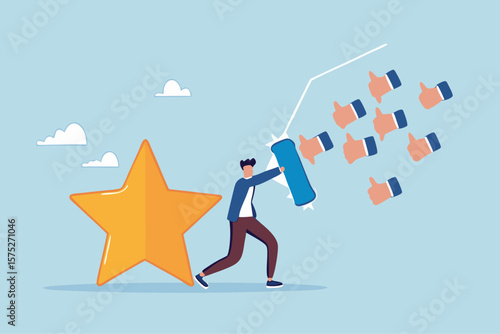 Protect brand reputation, trust or manage negative customer review, feedback or engagement, marketing solution, strategy concept, businessman shield protect star reputation form thumb down feedback.