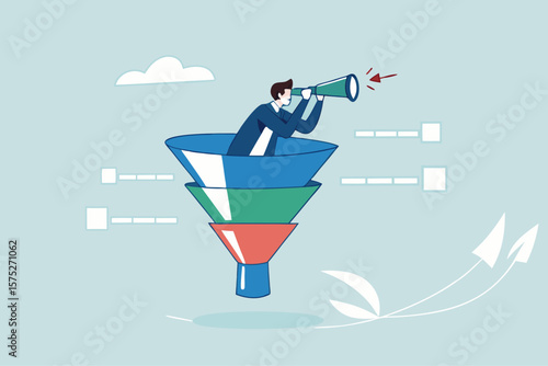 Marketing funnel sales prospect discovery, lead generation or Martech and analytics optimization, insight or customer data, conversion rate concept, businessman look binoculars in marketing funnel.