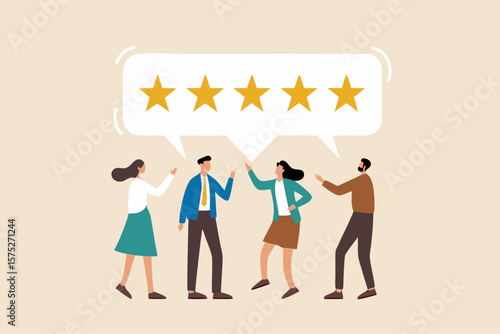 Customer loyalty, consumer satisfaction giving 5 stars rating feedback, best user experience or trust to use service again concept, various customer people giving 5 stars review for quality service.