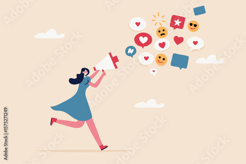 PR, public relation or marketing communication, advertising campaign or social media marketing, online promotion or email newsletter concept, young woman PR speak on megaphone on social media.
