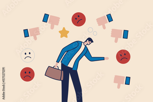 Response to negative feedback, dislike or bad customer review rating, handle complaint, business mistake or problem, satisfaction or angry opinion concept, businessman response to negative feedback.