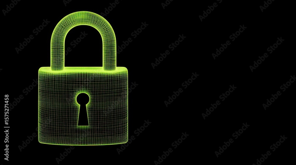 Fototapeta premium Digital Lock - Safeguarding Digital World: A padlock glows against a solid dark surface, conveying security for access and authentication.