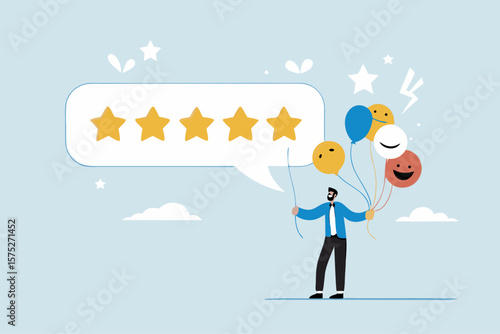 5 Stars review, customer feedback evaluation, best quality or satisfaction, opinion, best rating reputation or online positive review concept, customer giving 5 stars rating or customer experience.