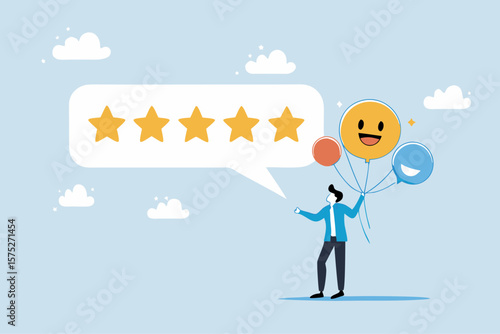 5 Stars review, customer feedback evaluation, best quality or satisfaction, opinion, best rating reputation or online positive review concept, customer giving 5 stars rating or customer experience.