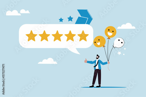 5 Stars review, customer feedback evaluation, best quality or satisfaction, opinion, best rating reputation or online positive review concept, customer giving 5 stars rating or customer experience.