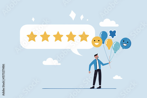 5 Stars review, customer feedback evaluation, best quality or satisfaction, opinion, best rating reputation or online positive review concept, customer giving 5 stars rating or customer experience.