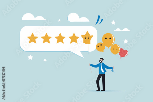 5 Stars review, customer feedback evaluation, best quality or satisfaction, opinion, best rating reputation or online positive review concept, customer giving 5 stars rating or customer experience.