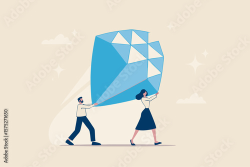 Core value or value proposition, CLV customer lifetime value or company valuation, profit or corporate worth concept, business people employees help carry big valuable diamond.