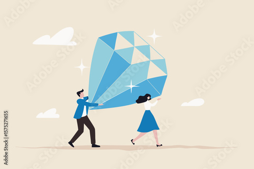 Core value or value proposition, CLV customer lifetime value or company valuation, profit or corporate worth concept, business people employees help carry big valuable diamond.