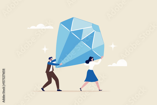 Core value or value proposition, CLV customer lifetime value or company valuation, profit or corporate worth concept, business people employees help carry big valuable diamond.