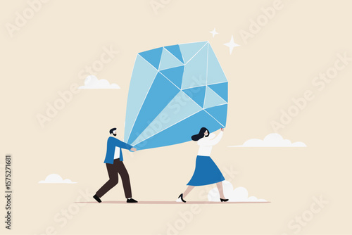 Core value or value proposition, CLV customer lifetime value or company valuation, profit or corporate worth concept, business people employees help carry big valuable diamond.