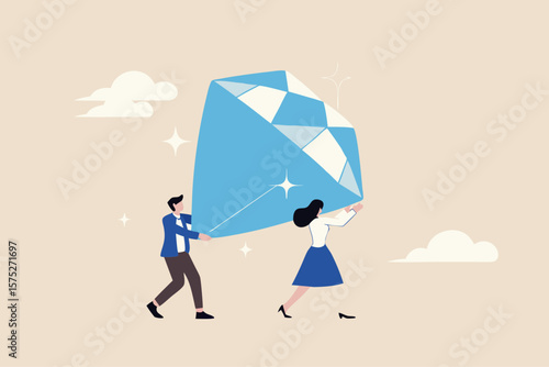 Core value or value proposition, CLV customer lifetime value or company valuation, profit or corporate worth concept, business people employees help carry big valuable diamond.
