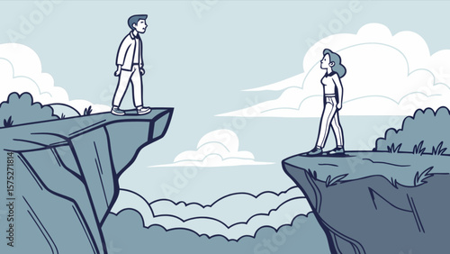 Cartoon illustration of man and woman on cliffs representing distance and relationship challenges