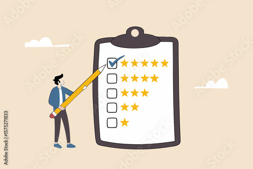 Evaluation performance survey, marketing feedback or service questionnaire, customer opinion, excellent 5 stars service, customer ranking score concept, businessman use pencil giving stars evaluation.