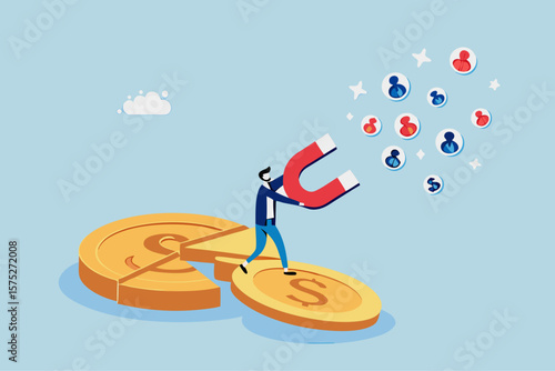 Customer acquisition cost, CAC, advertising cost for lead generation, marketing expense or spending on customer retention, optimize conversion rate concept, businessman with magnet on dollar cost.