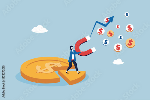 Customer acquisition cost, CAC, advertising cost for lead generation, marketing expense or spending on customer retention, optimize conversion rate concept, businessman with magnet on dollar cost.