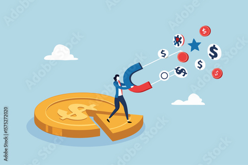 Customer acquisition cost, CAC, advertising cost for lead generation, marketing expense or spending on customer retention, optimize conversion rate concept, businessman with magnet on dollar cost.