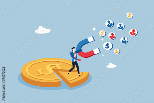 Customer acquisition cost, CAC, advertising cost for lead generation, marketing expense or spending on customer retention, optimize conversion rate concept, businessman with magnet on dollar cost.