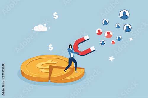 Customer acquisition cost, CAC, advertising cost for lead generation, marketing expense or spending on customer retention, optimize conversion rate concept, businessman with magnet on dollar cost.