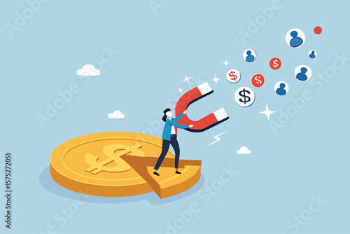 Customer acquisition cost, CAC, advertising cost for lead generation, marketing expense or spending on customer retention, optimize conversion rate concept, businessman with magnet on dollar cost.