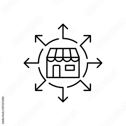 
An icon depicting a shop at the center with arrows pointing outwards, symbolizing market expansion or growth.