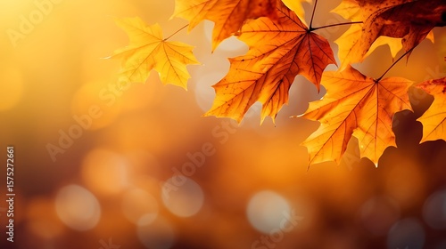 Fototapeta Naklejka Na Ścianę i Meble -  Golden autumn maple leaves illuminated by warm sunlight with soft bokeh background