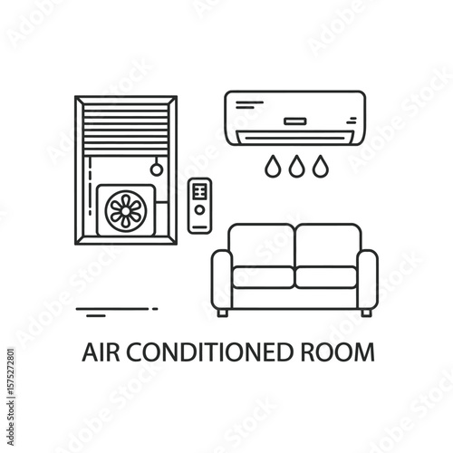 Air Conditioned Room Line Art Illustration with Sofa and Window