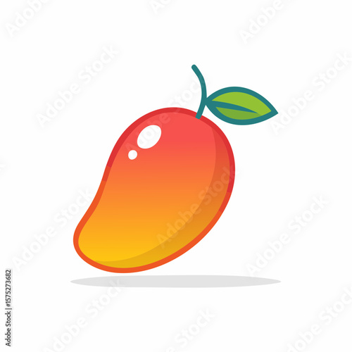 Cartoon illustration of a vibrant mango, with smooth skin and a single leaf.