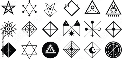 Vector art of a collection of diverse occult and esoteric geometric symbols in black and white.