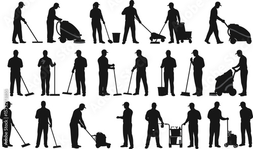 Silhouette of janitors, cleaning staff, mop workers, sweeping floor, vacuuming, cleaning tools, sanitation job, workplace maintenance, vector illustration
