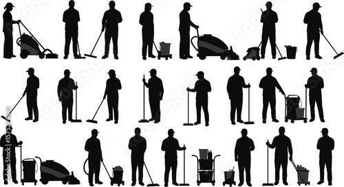 Silhouette of cleaning workers, janitor staff, floor mopping, vacuuming, sanitation crew, hygiene tools, cleaner service, vector illustration, equipment