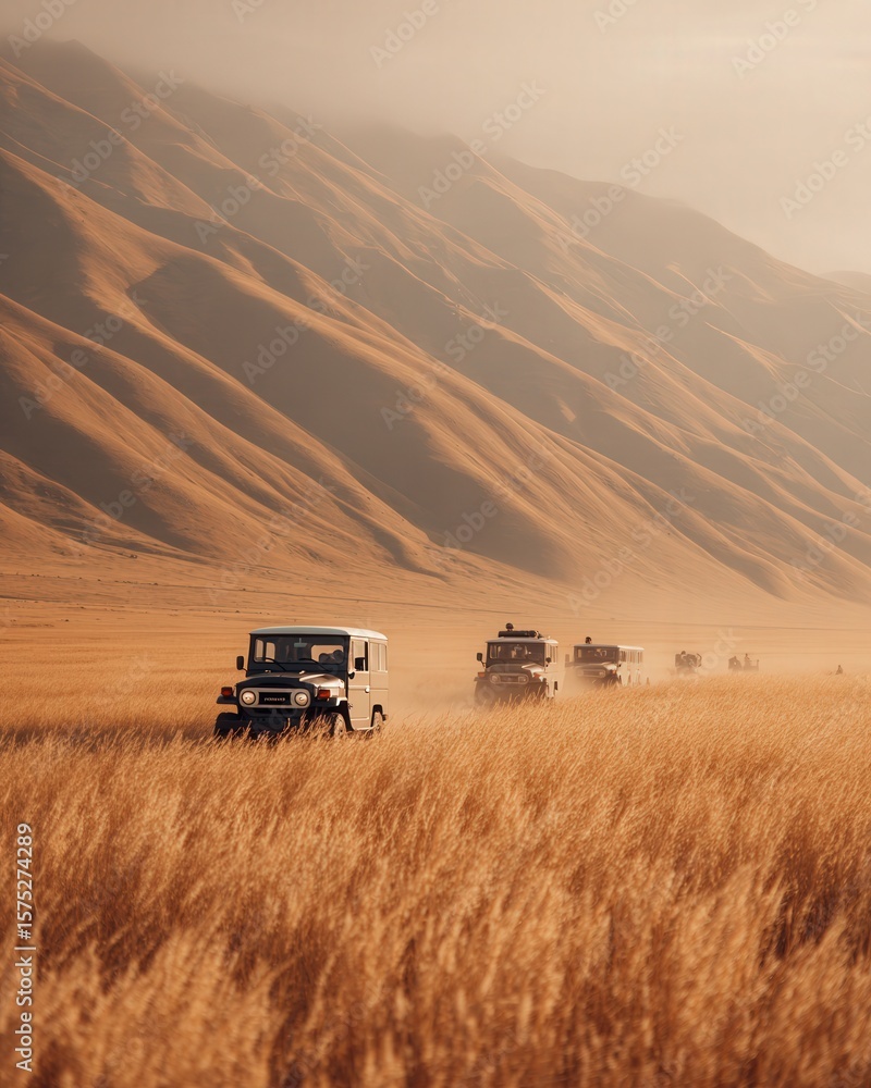 Fototapeta premium Tourists in solar jeeps explore Nuratau Mountains at sunset as a local guide in traditional dress uses a holographic map, wildlife visible in the distance.
