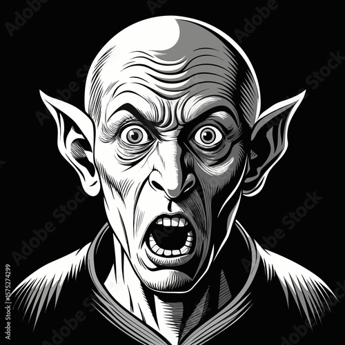 Terrified vampire with wide eyes and open mouth in dramatic black and white