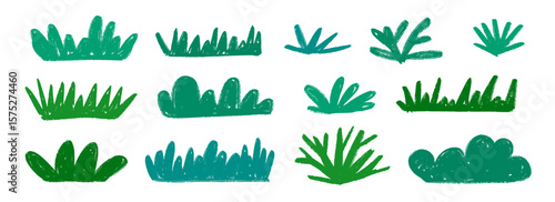 Hand drawn bushes and grass set. Green crayon shrubbery collection. Doodled shrub and tree bundle. Pencil sketched foliage elements. Scribbled cartoon green plants pack. Vector illustration